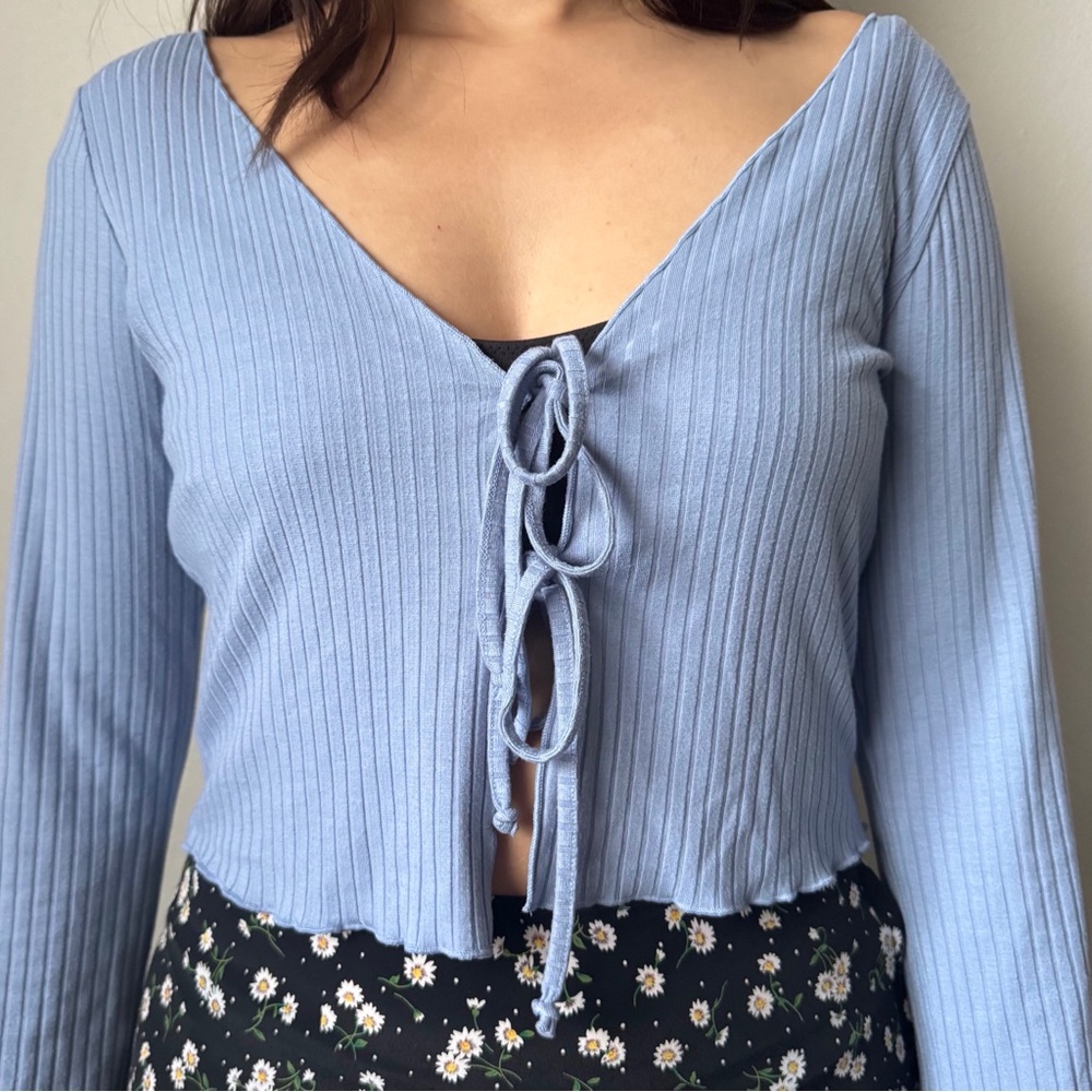 UO Sky Blue Ribbed Tie-Front Blouse